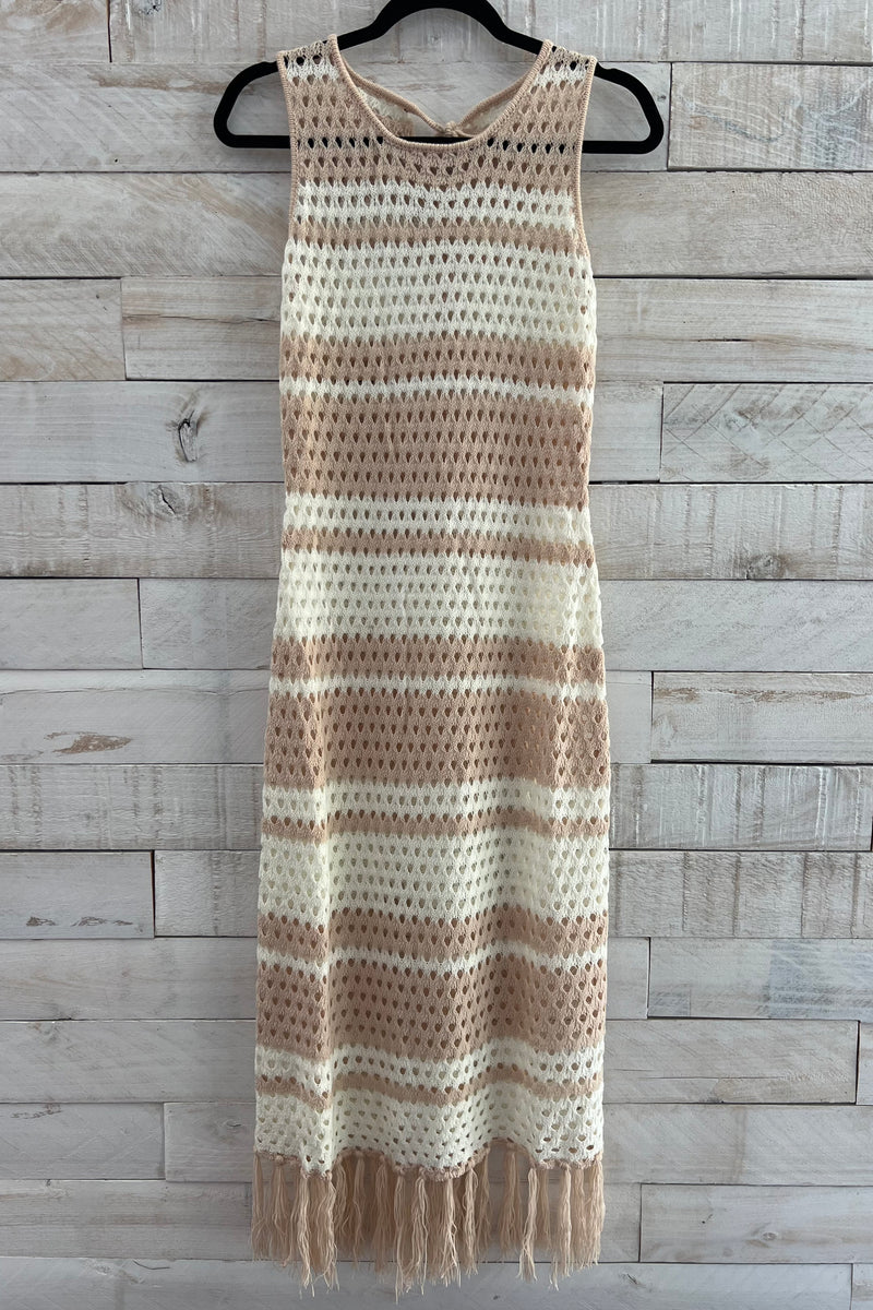 Crochet Fringe Midi Dress- Taupe/White