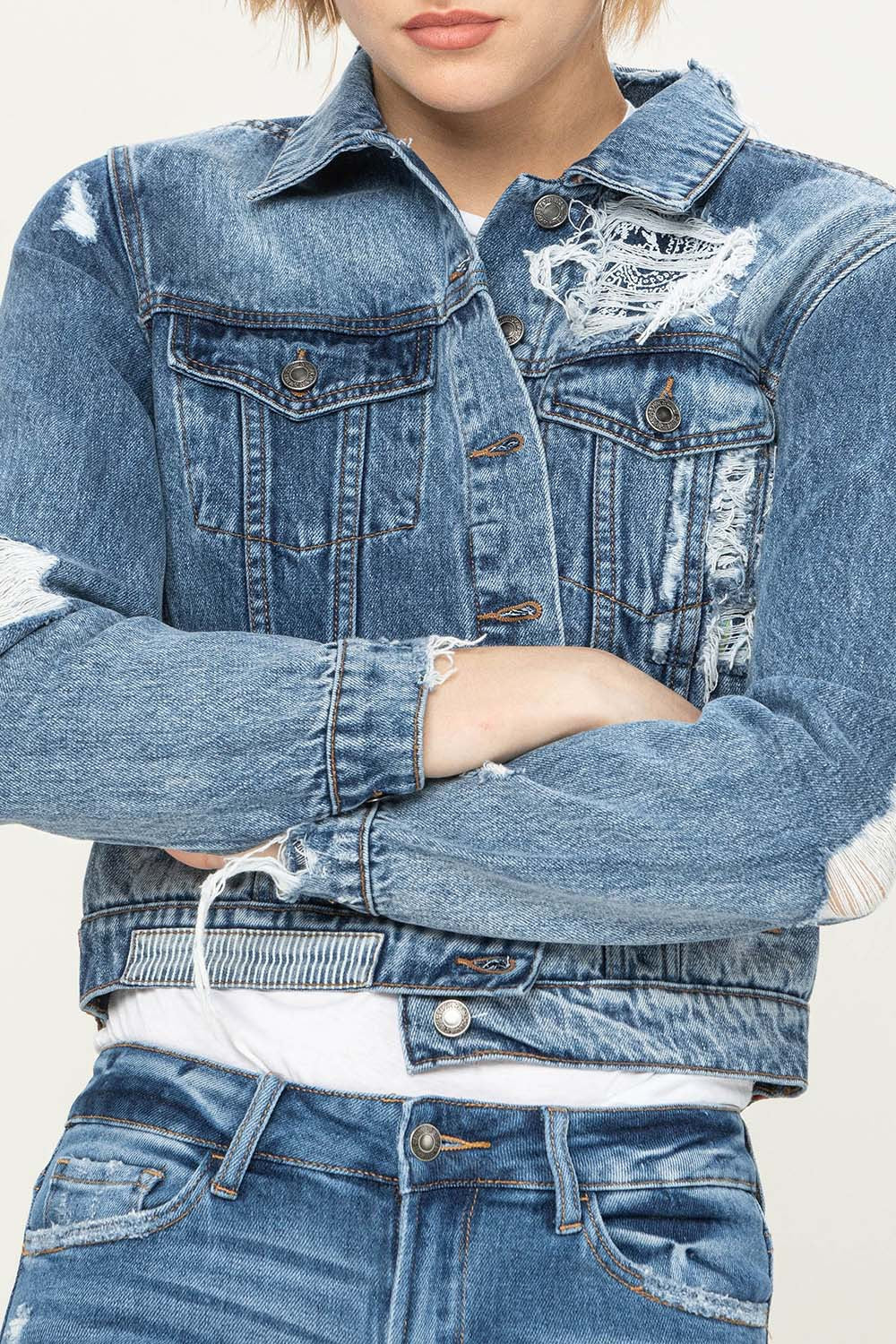 Distressed Paisley Patched Denim Jacket