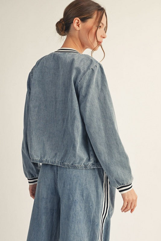 Front Zip Up Washed Denim Jacket