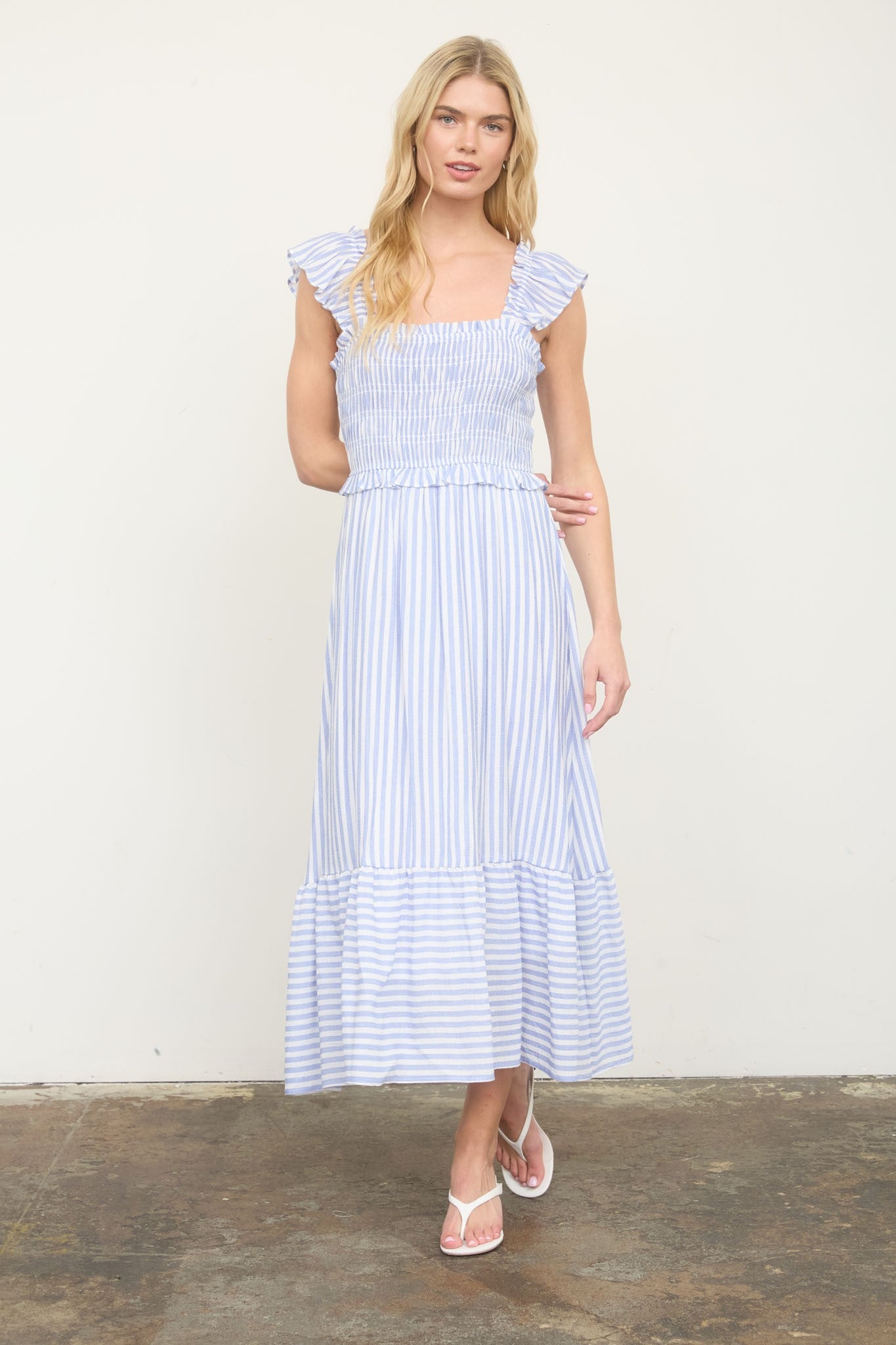 ruffle trim midi dress Stripe Smocked Ruffle Trim Midi Dress L