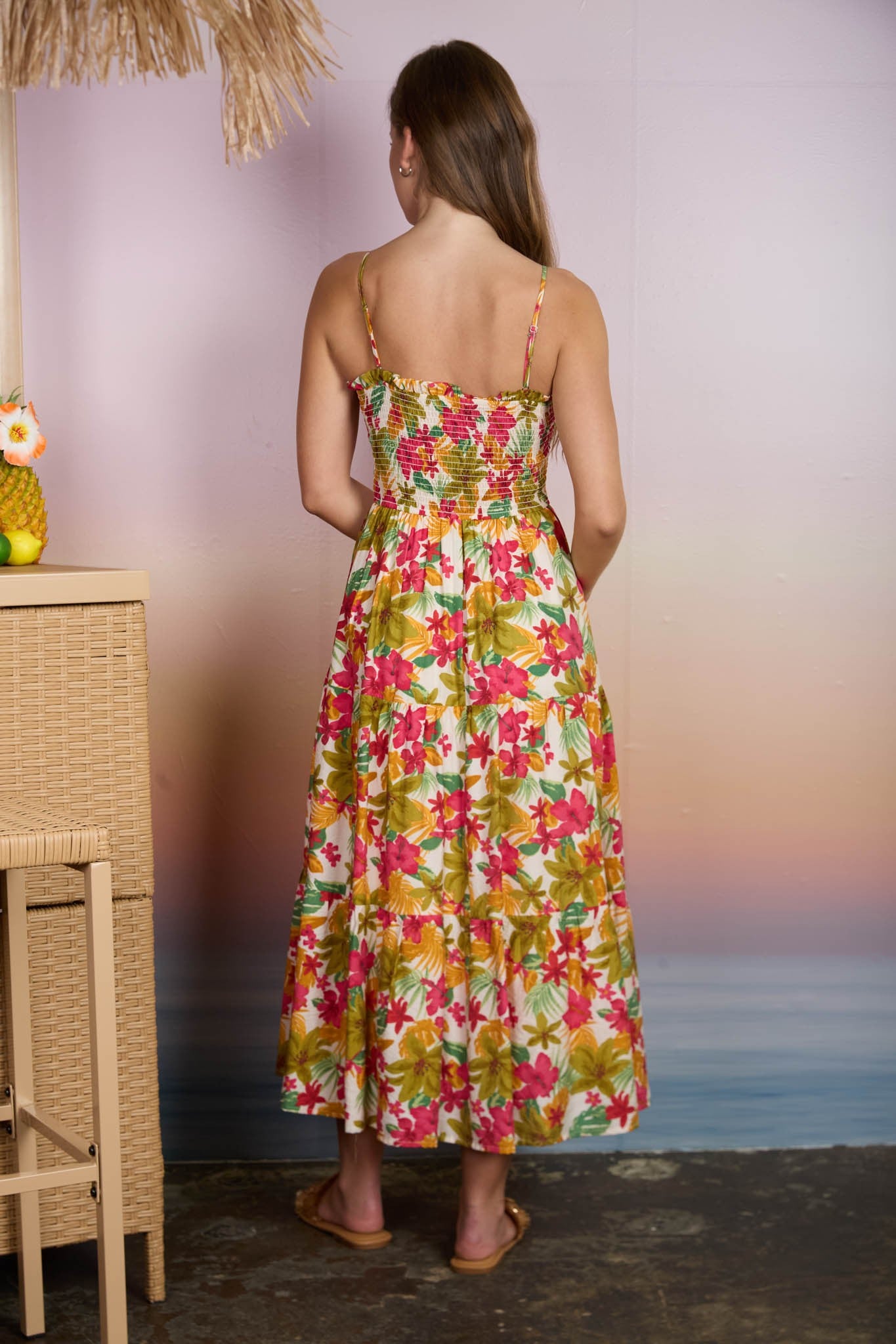 Tropical Floral Smocked Midi Dress