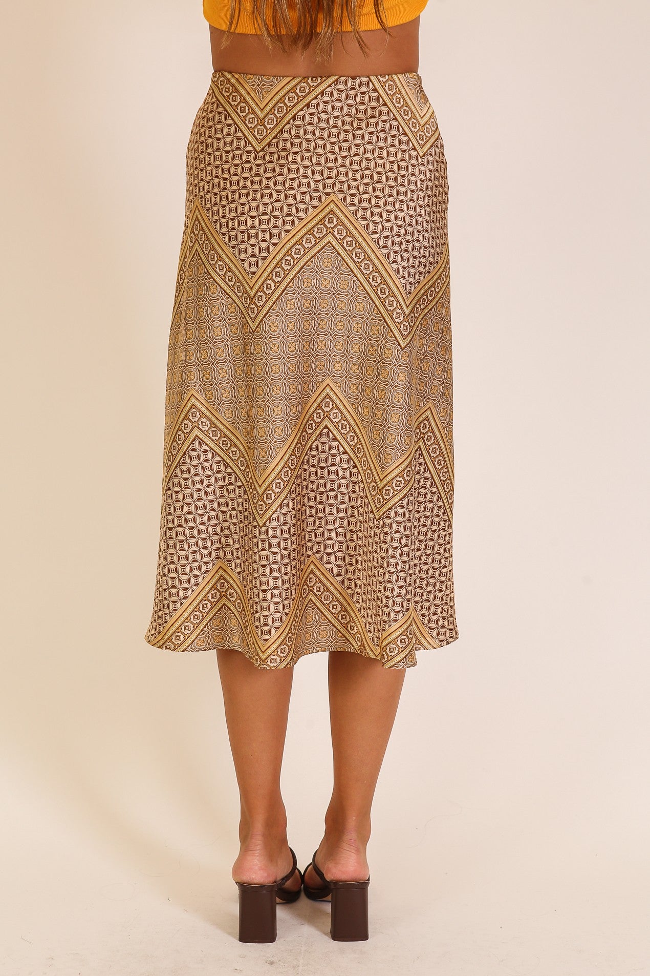 Geo Print Satin Midi Skirt