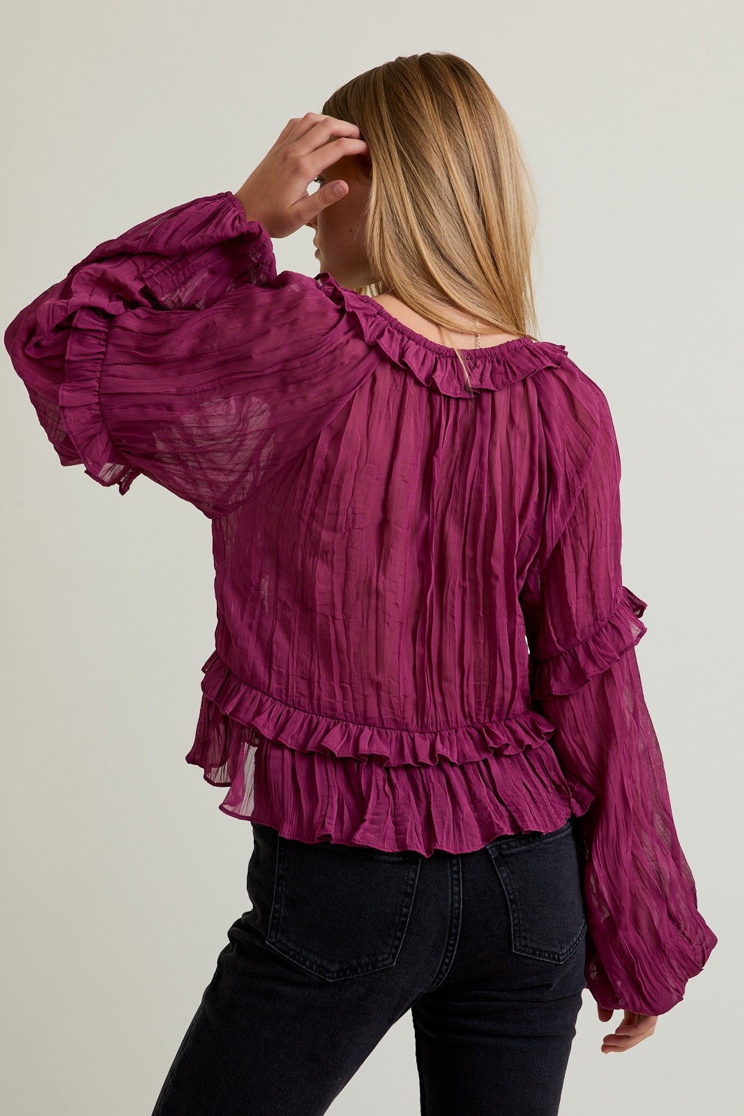 Sheer Scoop Neck Ruffle Blouse