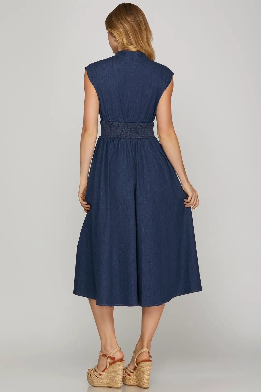 Smocked Waist Denim Washed Midi Dress