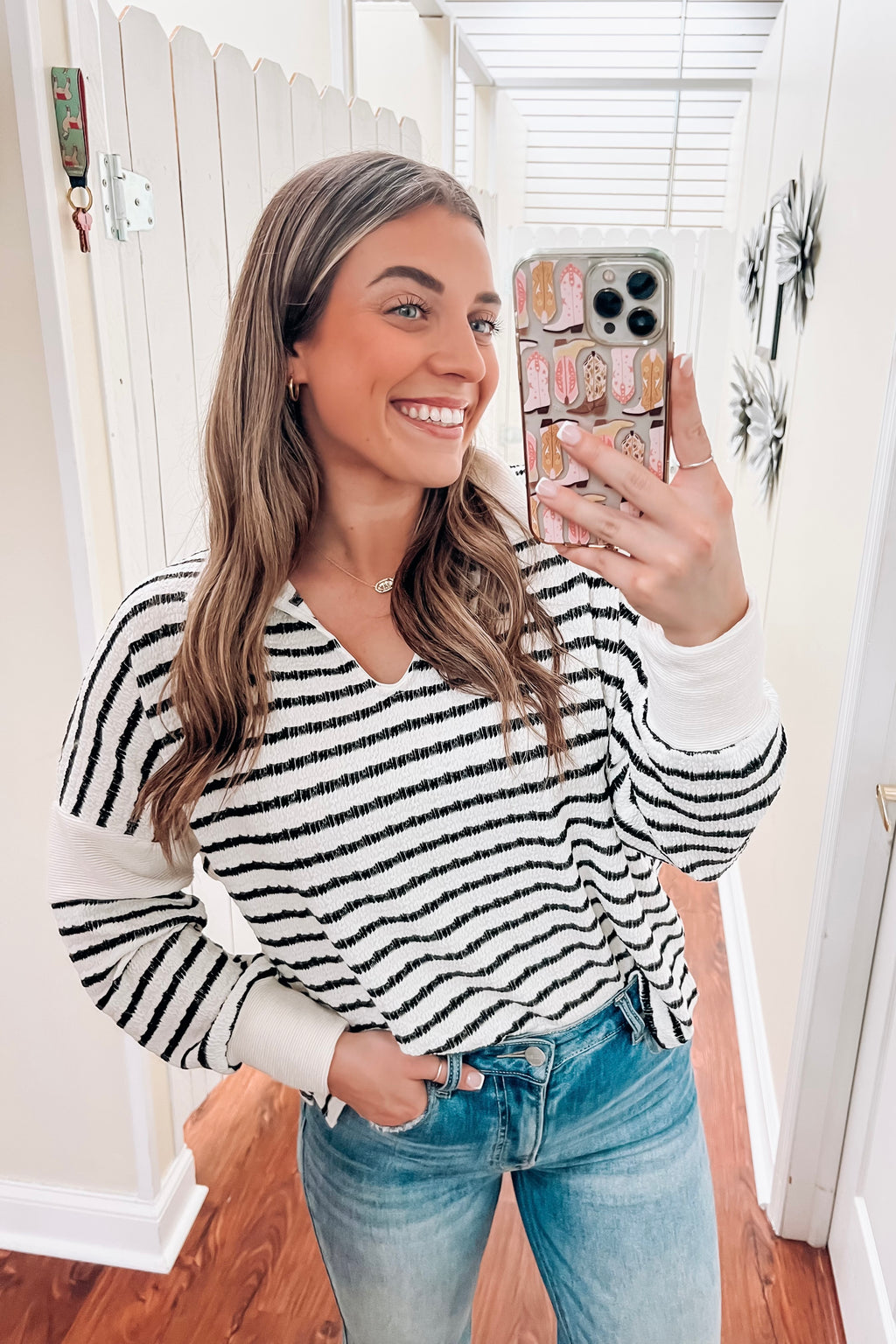 Striped Collared Top- Ivory/Black