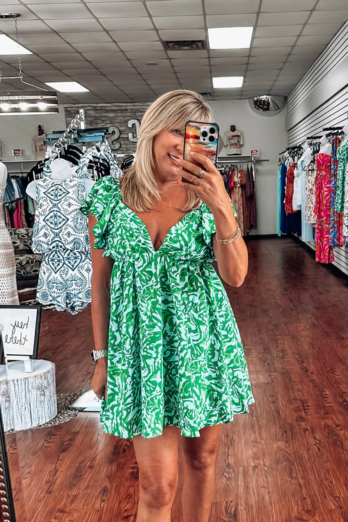 Tropical Print Mini Dress- Green
