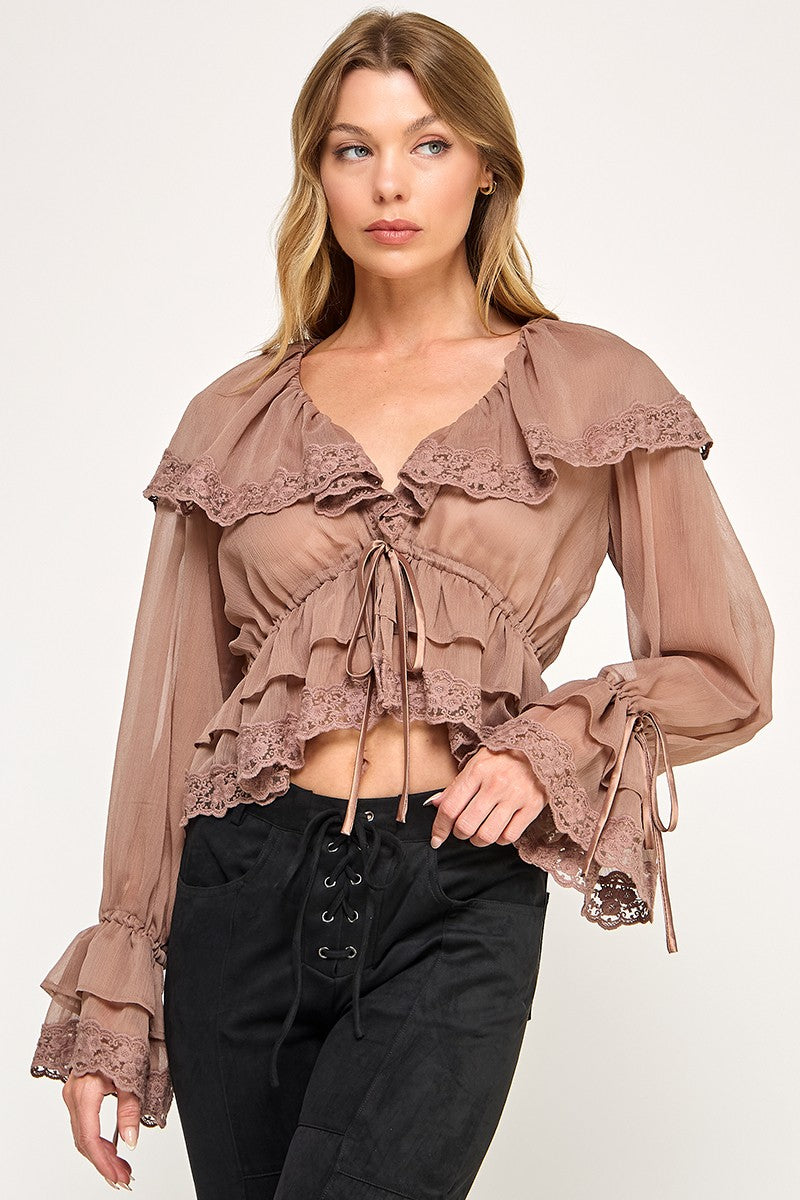 Chiffon Lace Detail Baby Doll Blouse