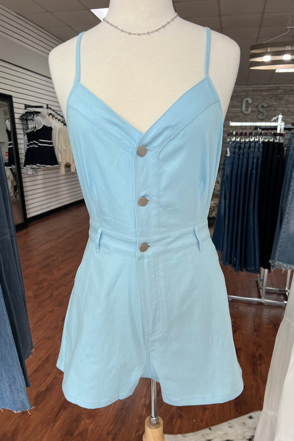 Denim Cami Romper- Blue