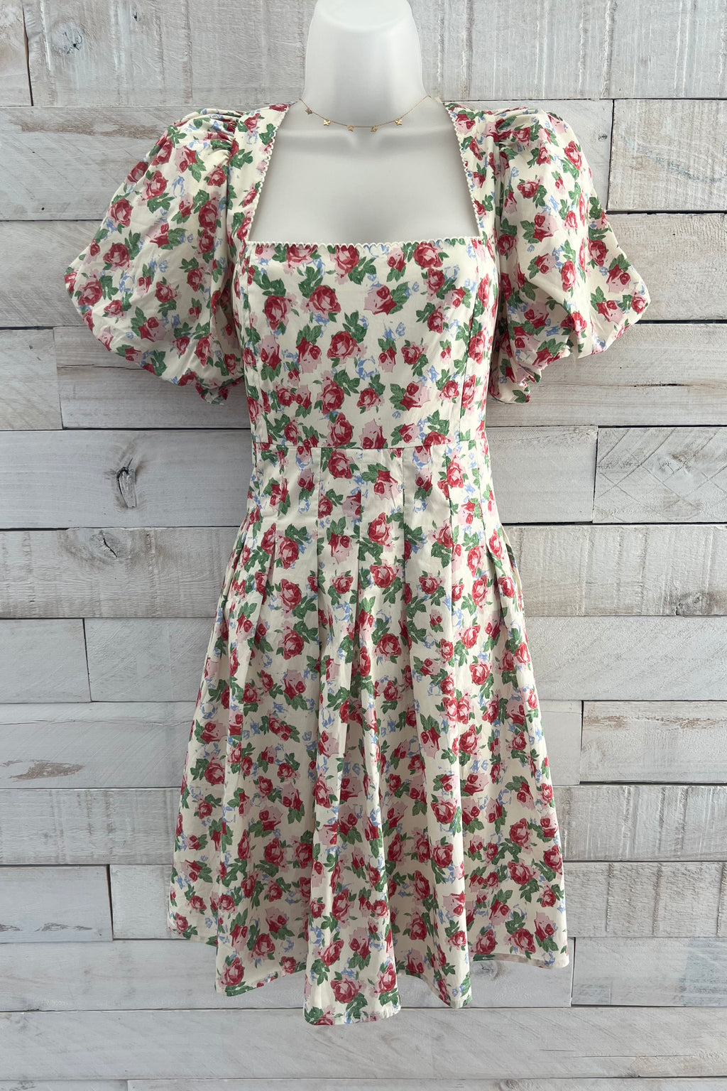 Floral Print Puff Sleeve Dress- Red