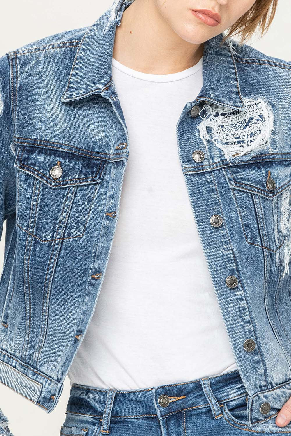 Distressed Paisley Patched Denim Jacket