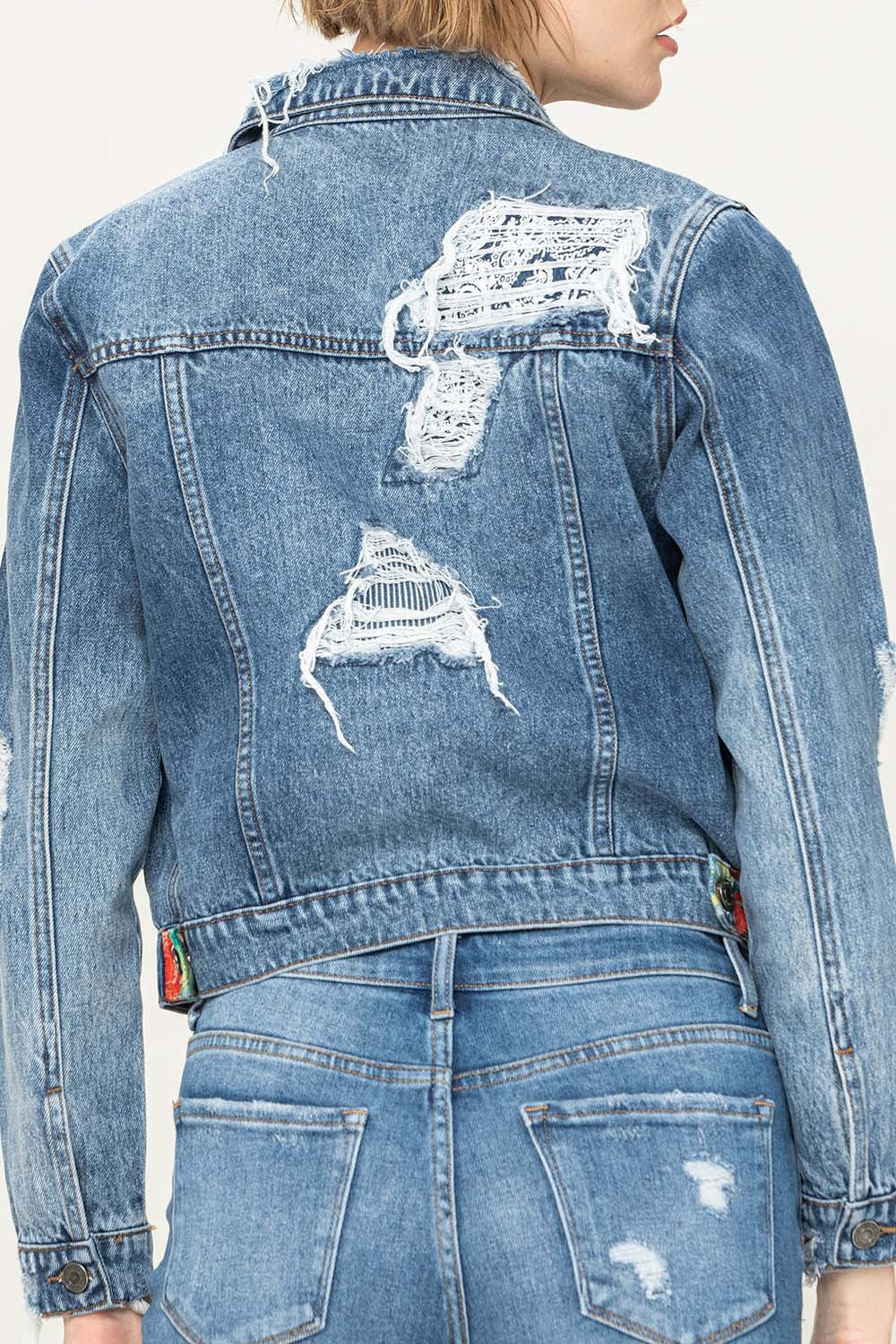 Distressed Paisley Patched Denim Jacket