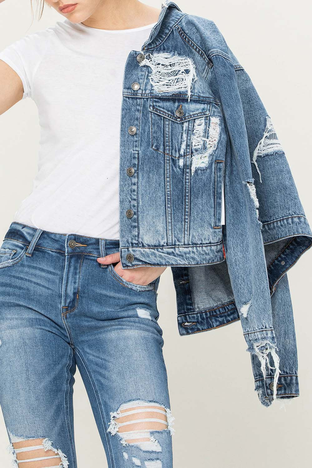 Distressed Paisley Patched Denim Jacket