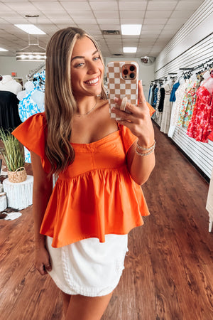 Ruffle Sleeve Peplum Top- Orange