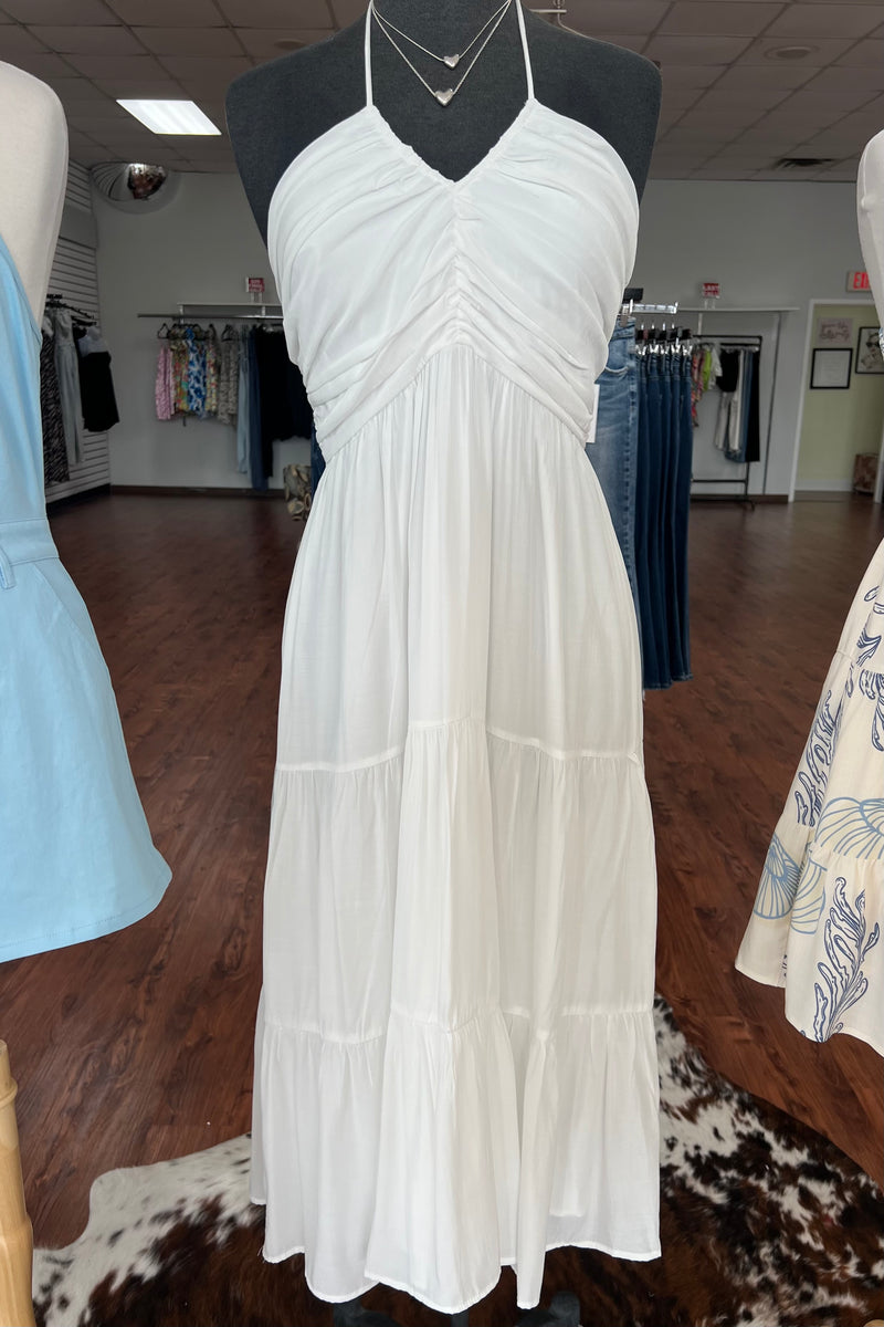 Ruched Halter Midi Dress- White