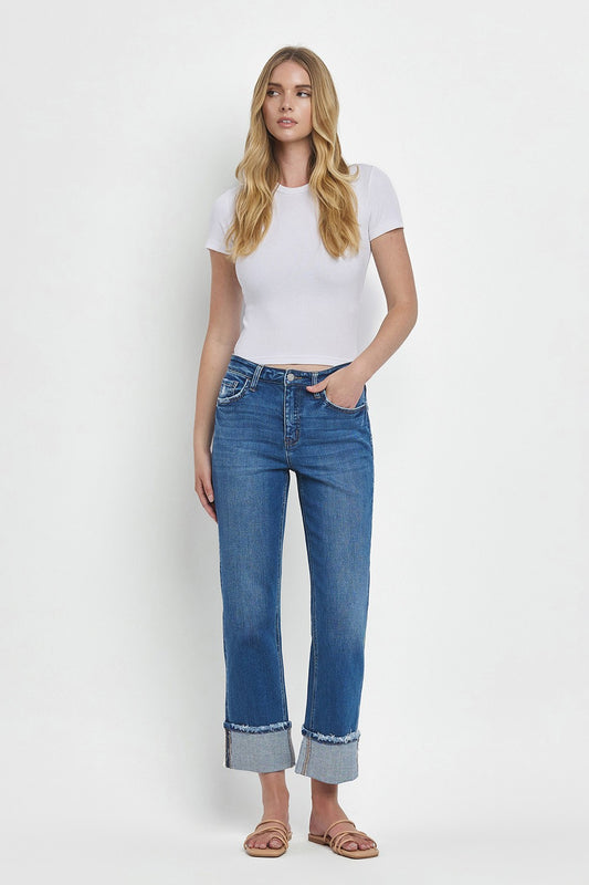 High Rise Cuffed Straight Jeans