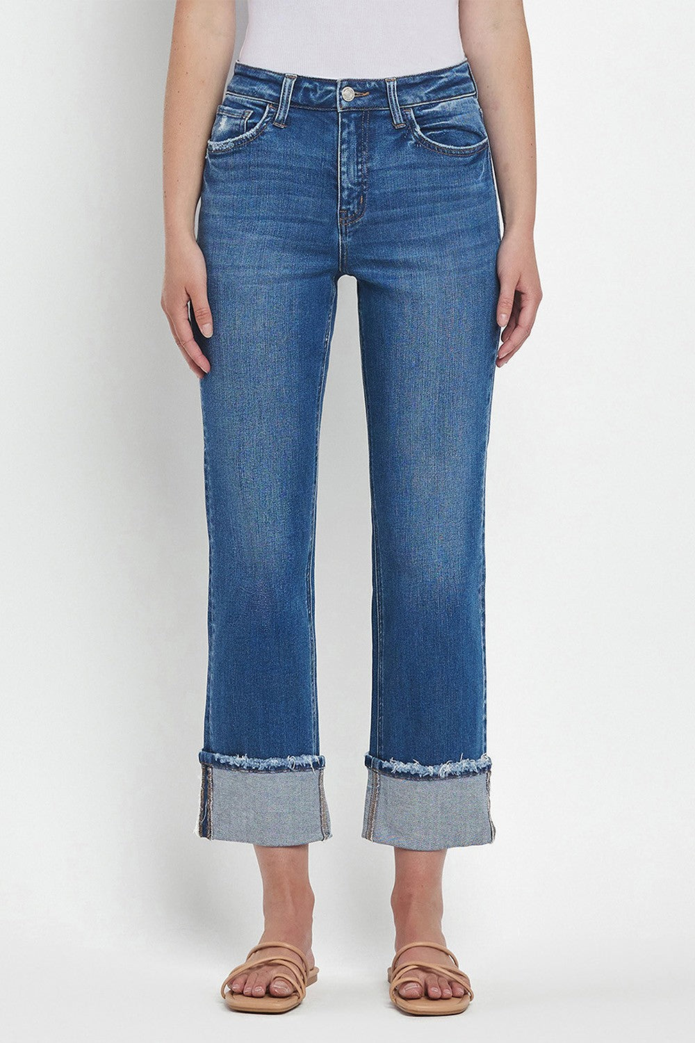 High Rise Cuffed Straight Jeans