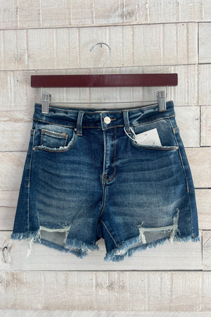 High Rise Distressed Shorts- Dark Wash