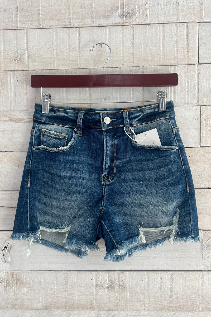High Rise Distressed Shorts- Dark Wash
