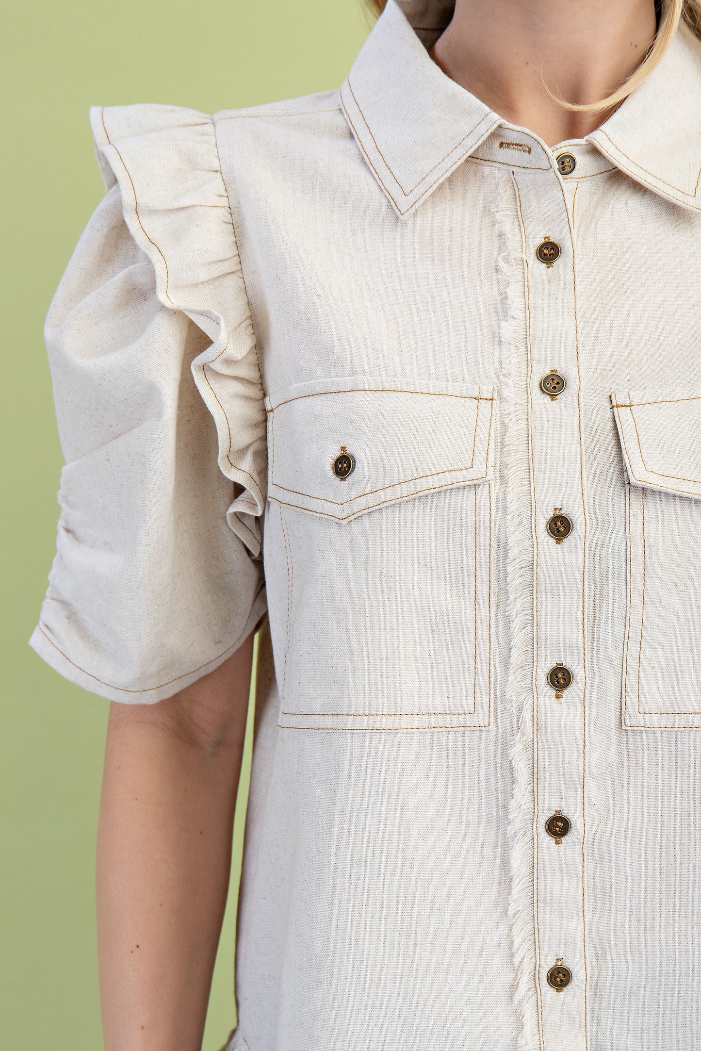 Ruffle Linen Button Up Top