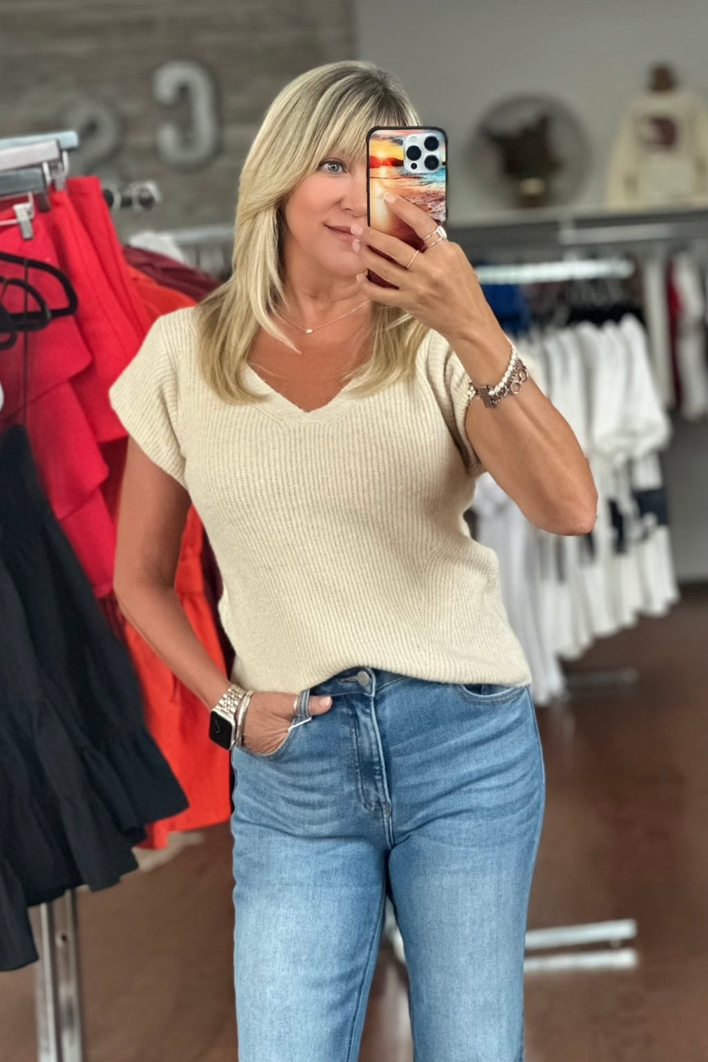 Short Sleeve Sweater Top- Cream