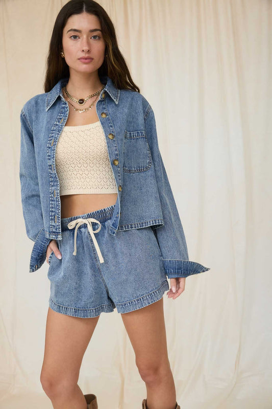Acid Wash Drawstring Denim Shorts