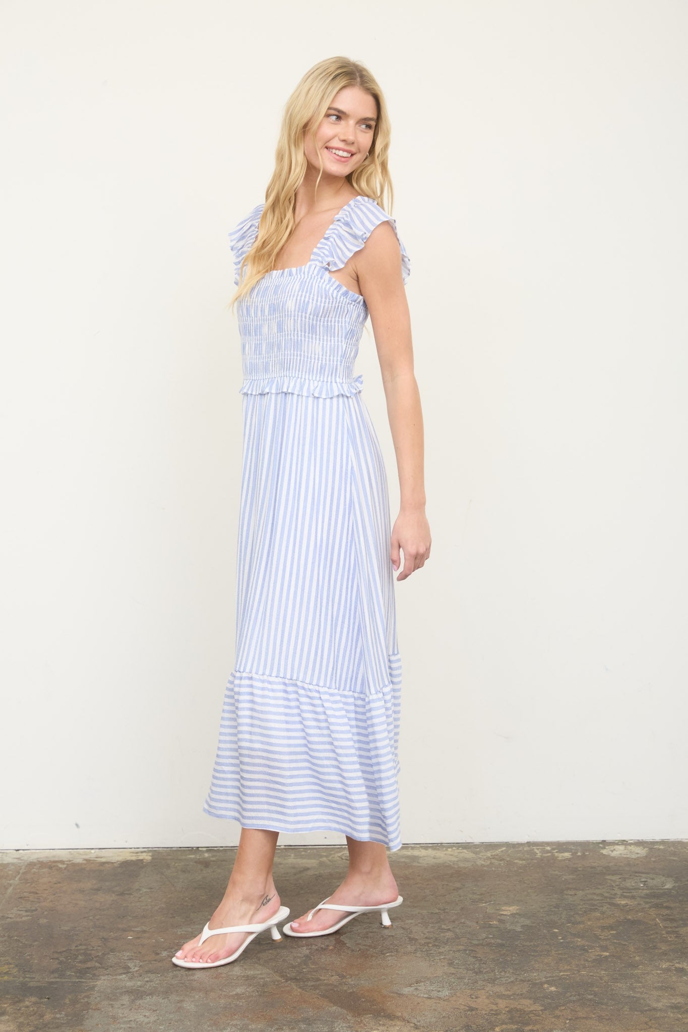 Stripe Smocked Ruffle Trim Midi Dress