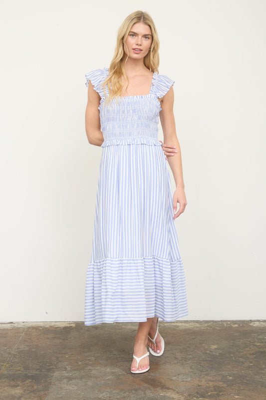 Stripe Smocked Ruffle Trim Midi Dress