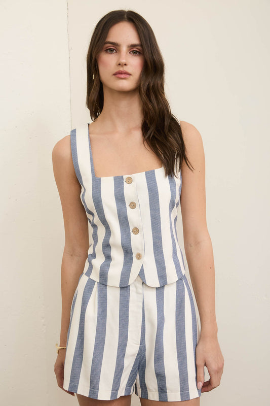 Stripe Button Down Sleeveless Linen Top