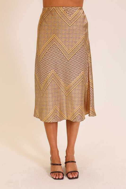 Geo Print Satin Midi Skirt