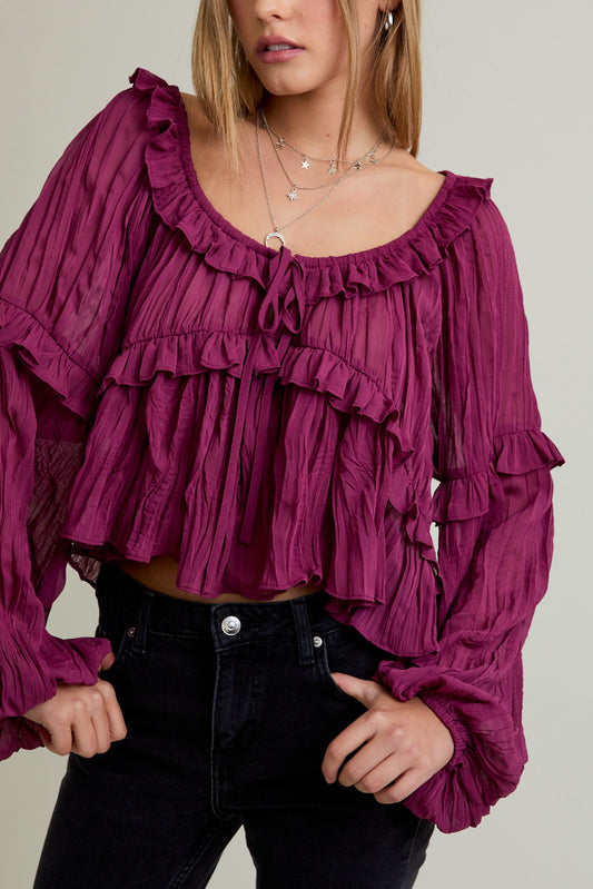 Sheer Scoop Neck Ruffle Blouse