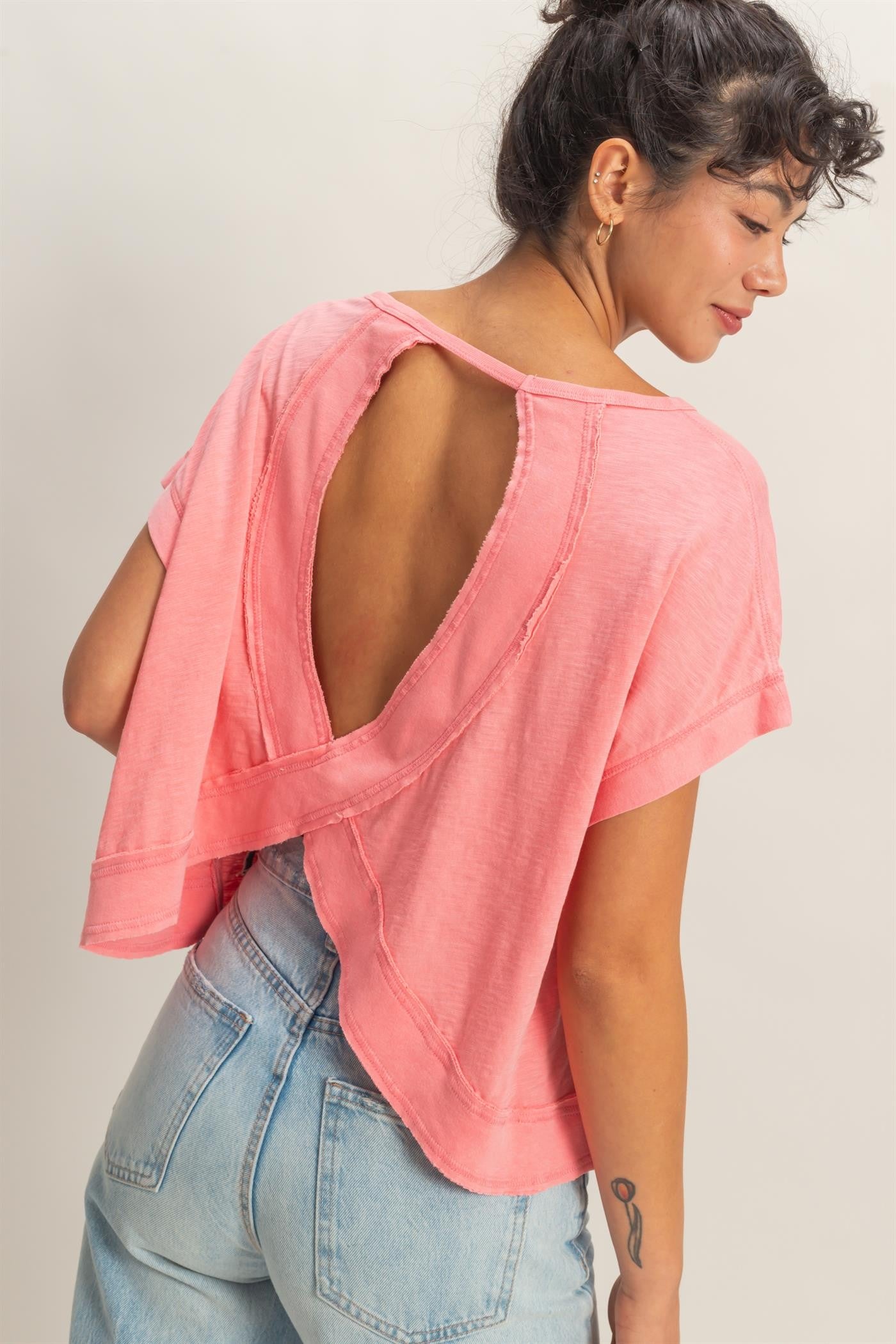 Acid Washed Open Back Casual Top
