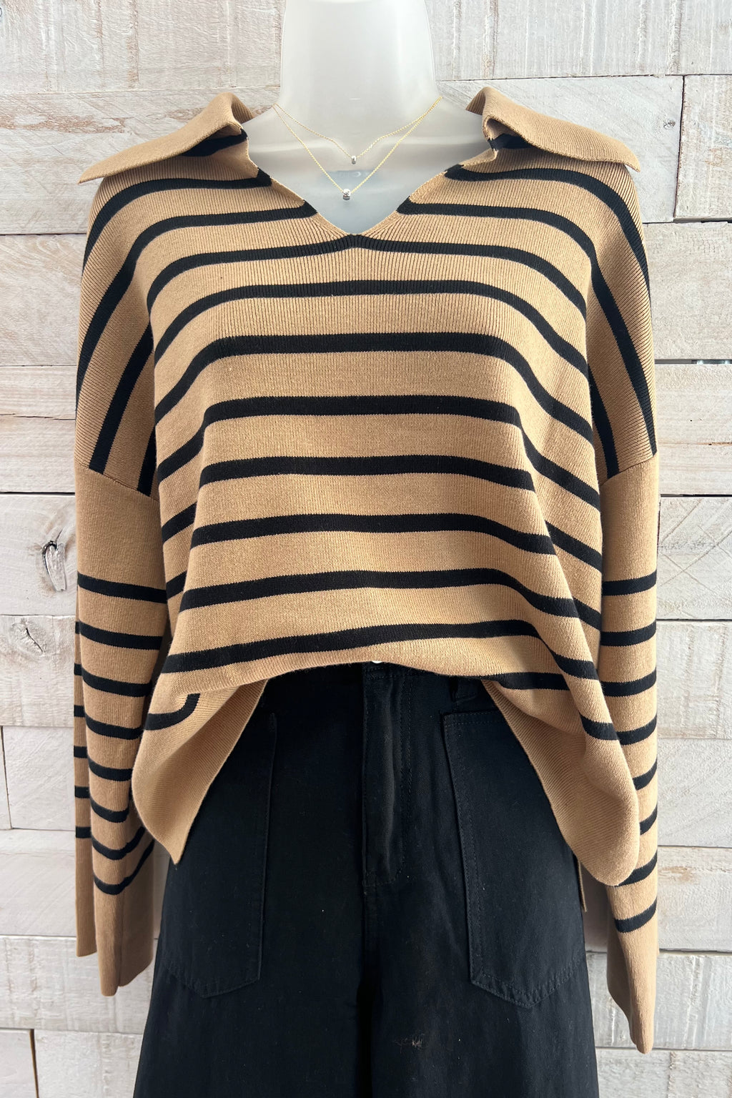 Striped Collared Sweater- Taupe/Black