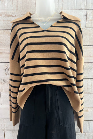Striped Collared Sweater- Taupe/Black