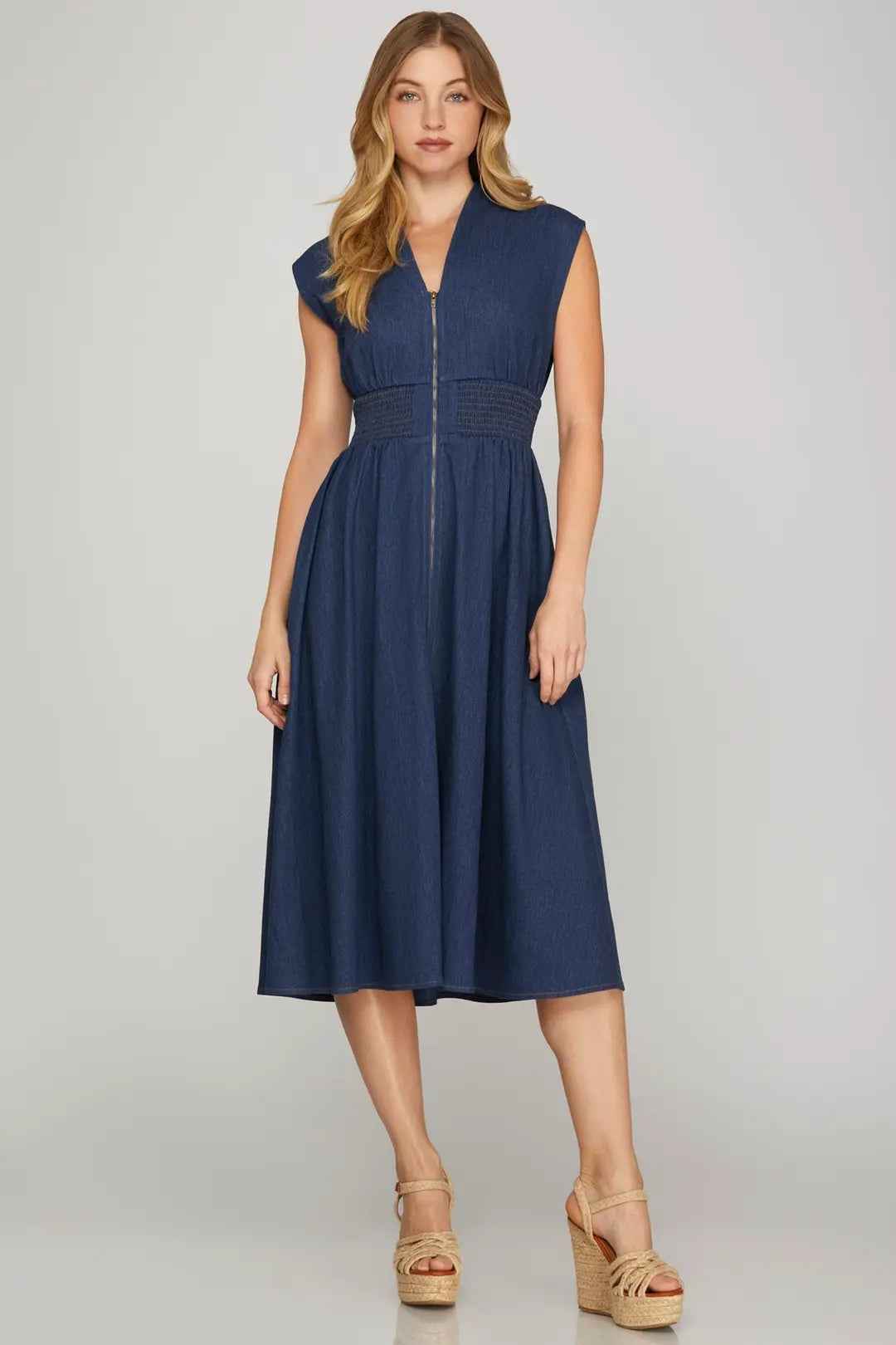 Smocked Waist Denim Washed Midi Dress