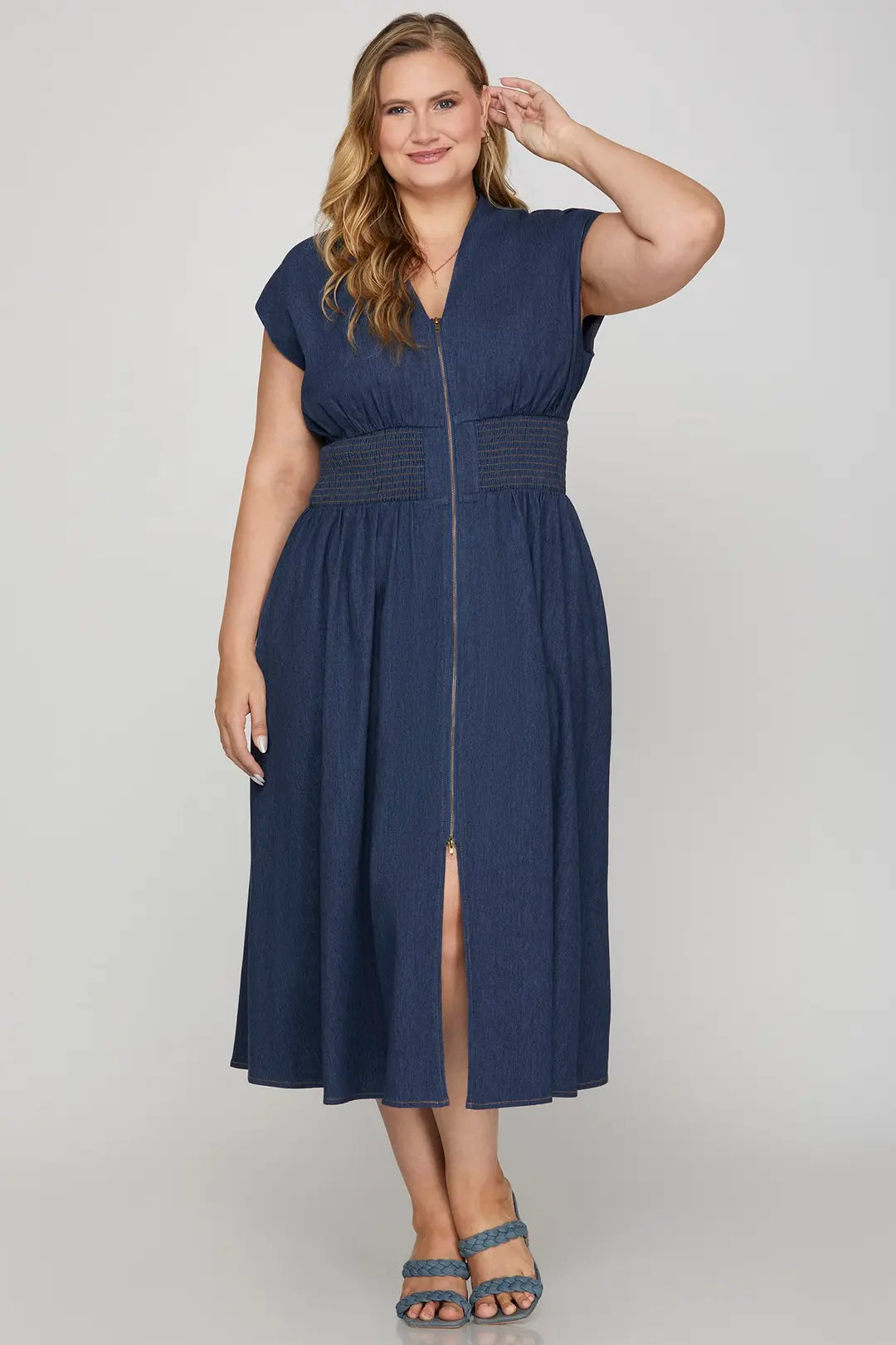 Smocked Waist Denim Washed Midi Dress