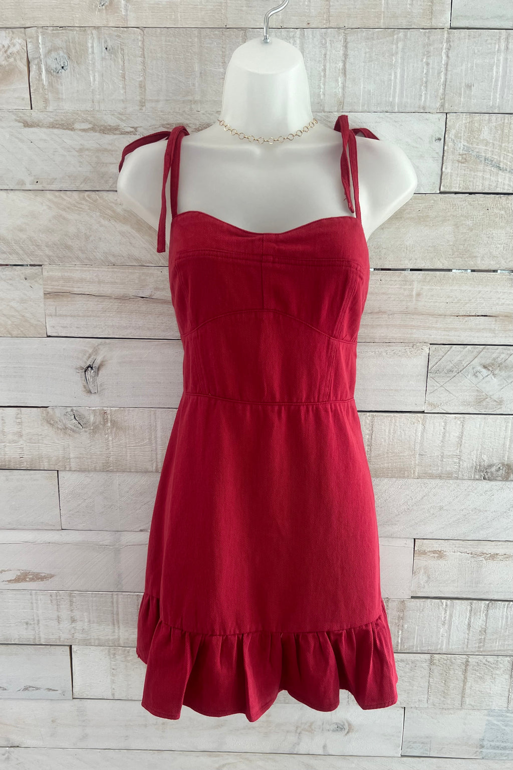 Tie Shoulder Denim Dress- Crimson