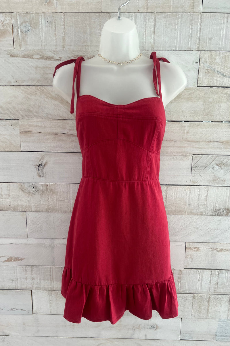 Tie Shoulder Denim Dress- Crimson