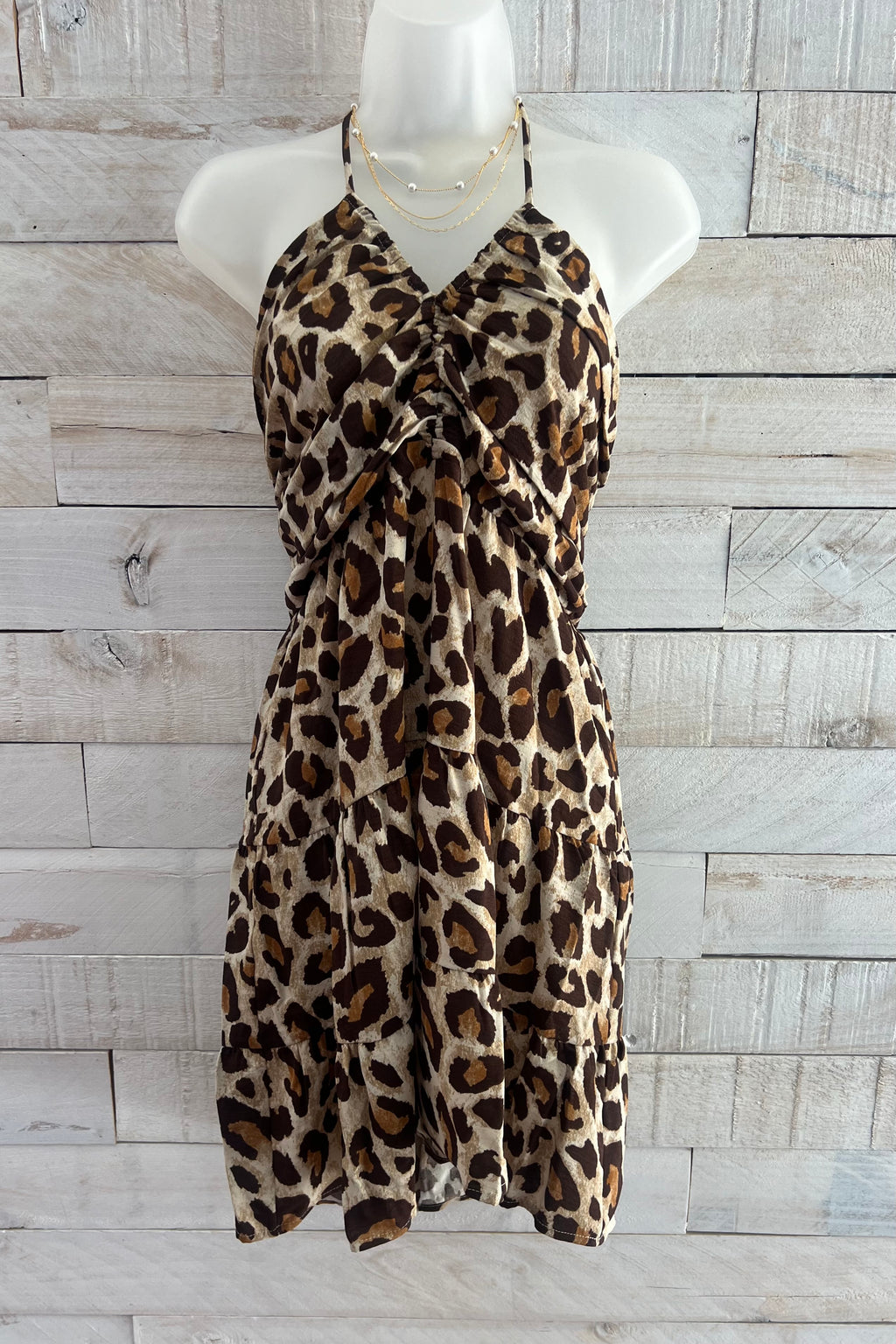 Leopard Print Tiered Halter Dress- Tan/Brown