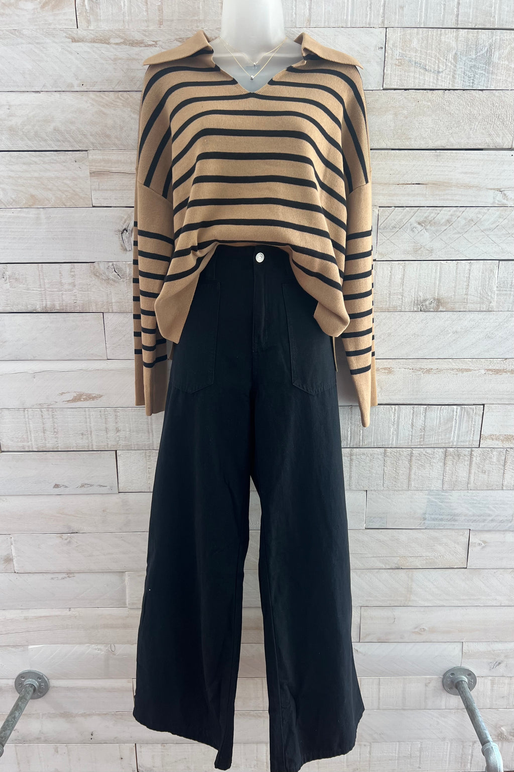 Striped Collared Sweater- Taupe/Black