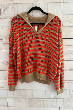 Striped Knit Sweater- Camel/Coral