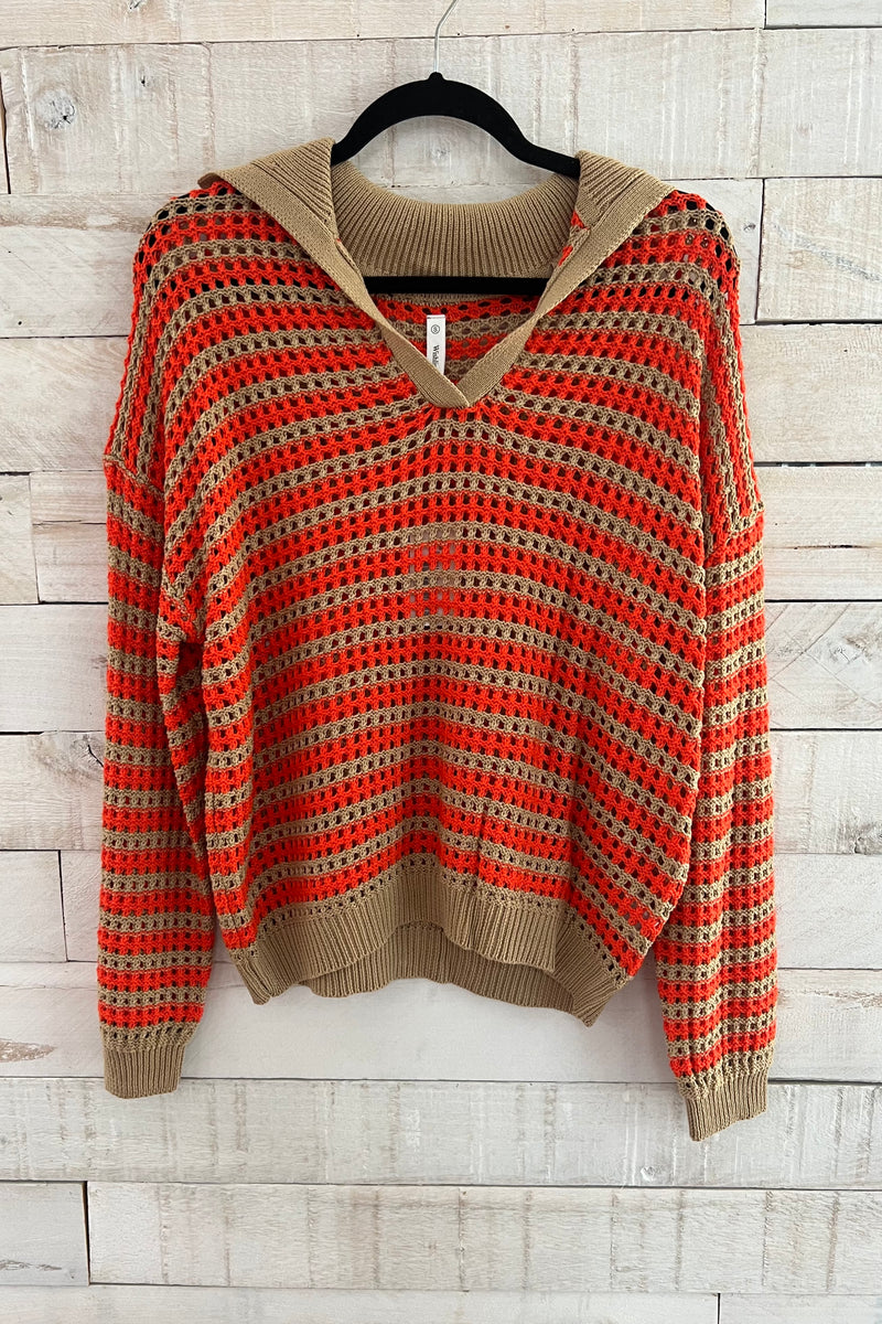 Striped Knit Sweater- Camel/Coral