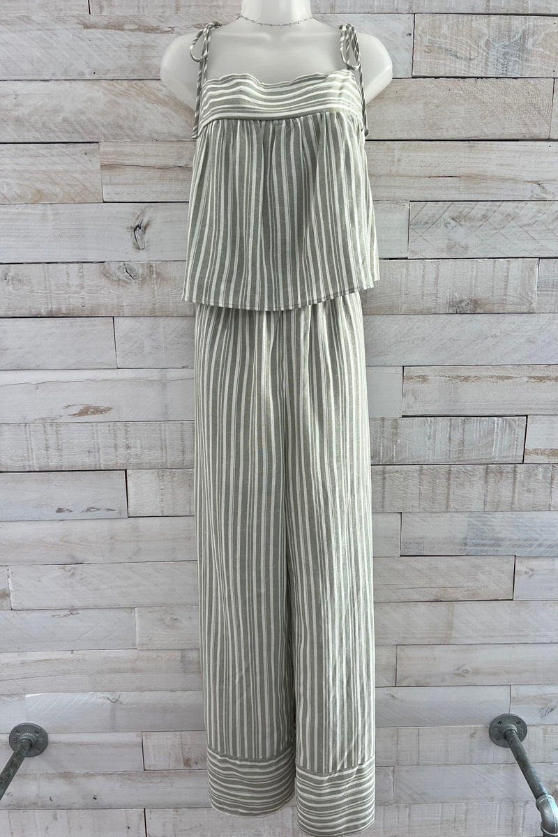 Striped Wide Leg Jumpsuit- Sage
