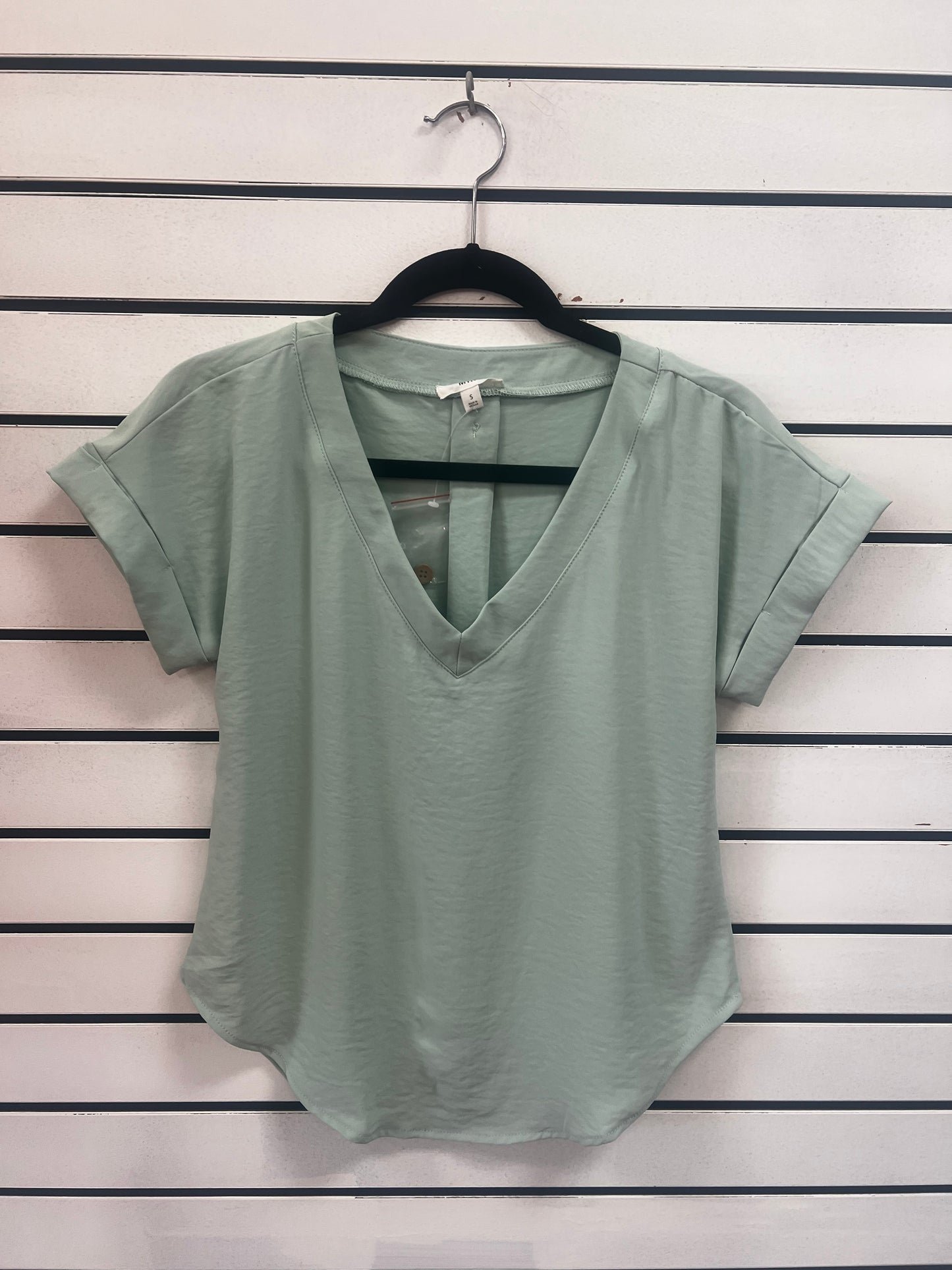 V Neck Cuff Sleeves Back Tab Pintuck Detail Top