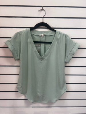 V Neck Cuff Sleeves Back Tab Pintuck Detail Top