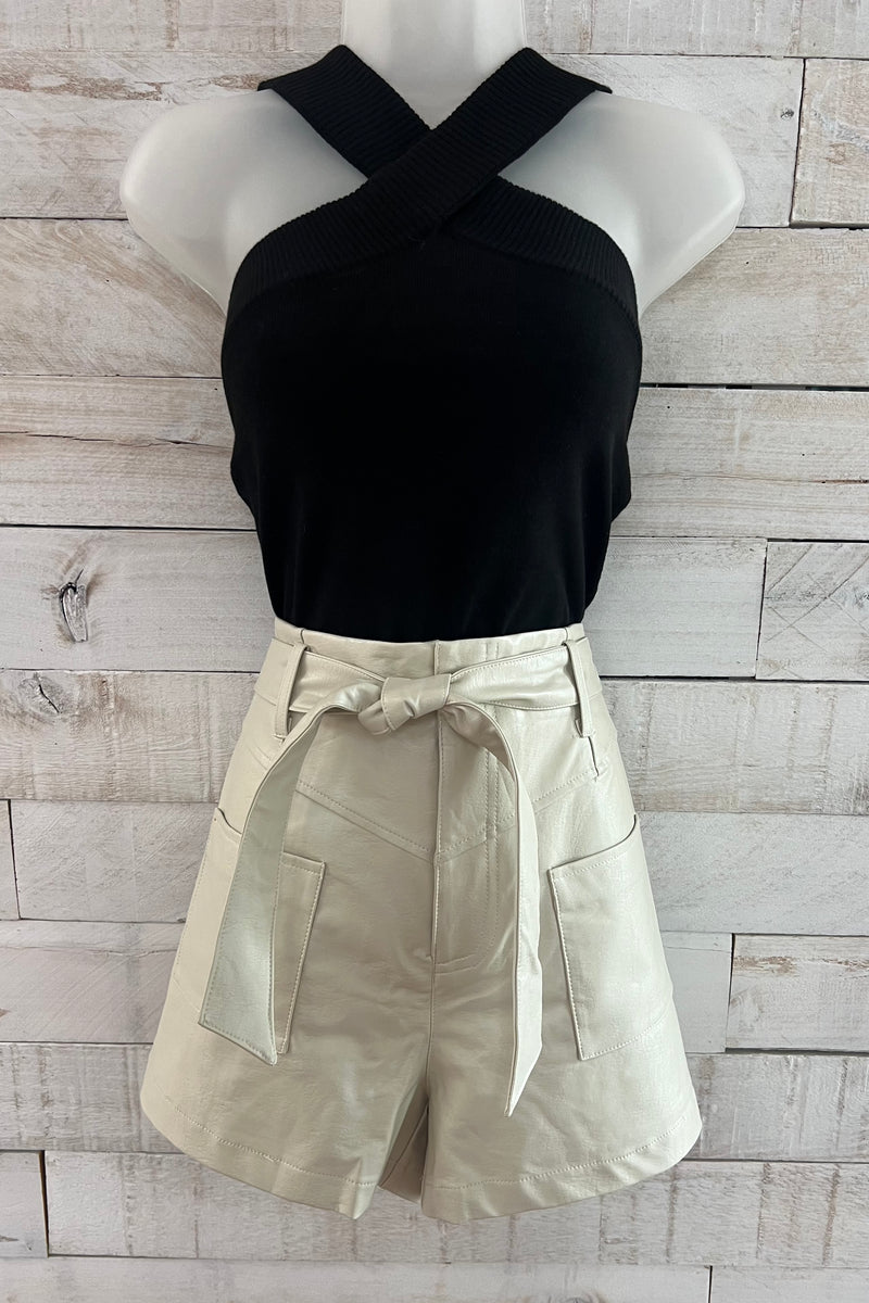 High Rise Leather Shorts- Cream