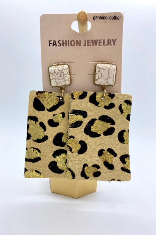 Stone & Leopard Rectangle Leather Earrings