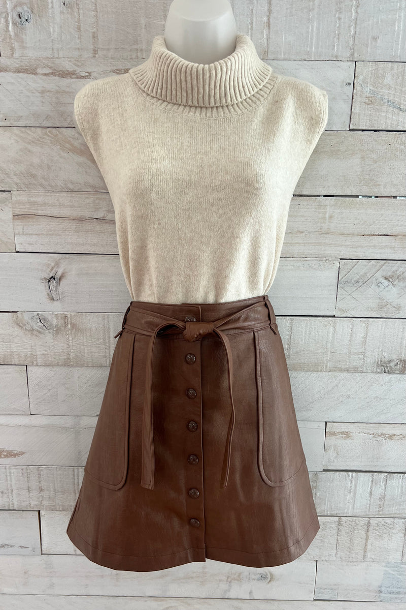 Pleather Tie Waist Skirt- Brown