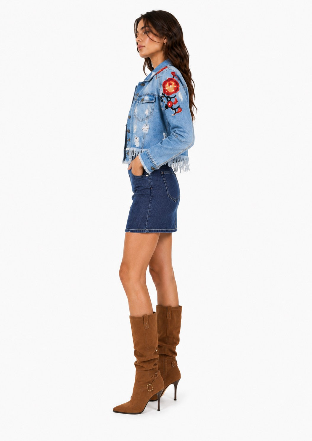 Distressed  Floral Jean Jacket