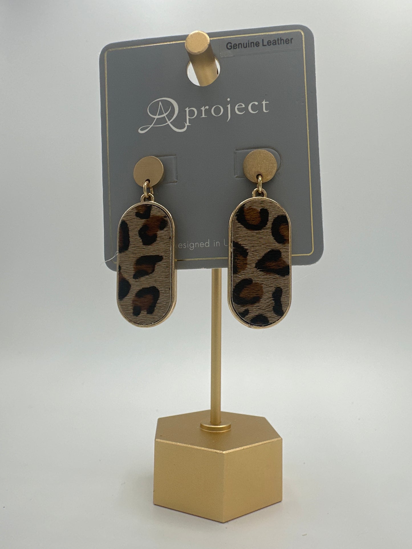 Dark Brown Leather Leopard Oval Earrings