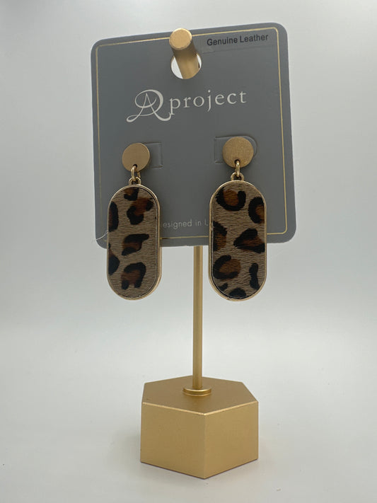 Dark Brown Leather Leopard Oval Earrings